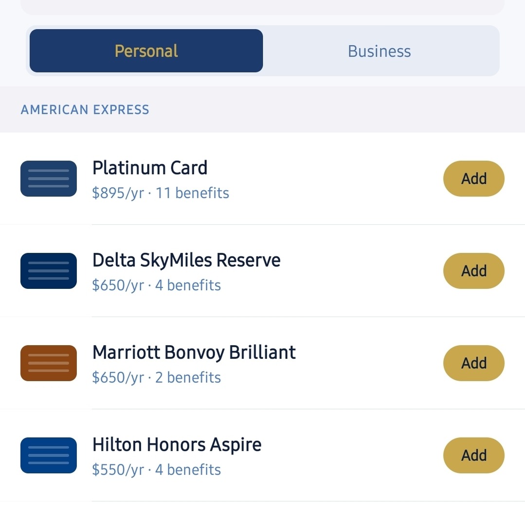 Add your cards — search and select from 33 supported premium cards