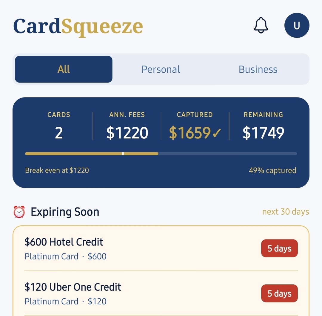See everything at once — benefits dashboard with expiring credits and card overview