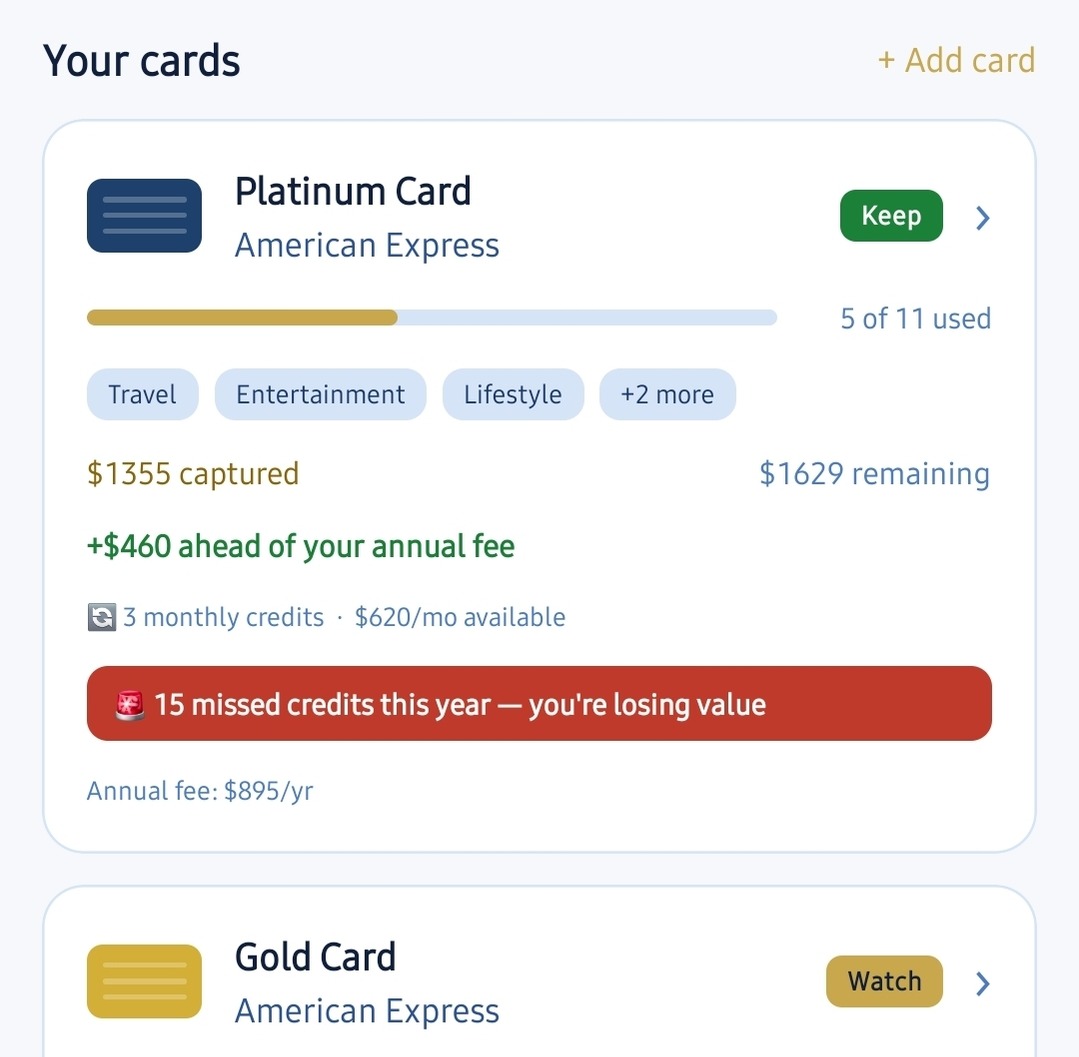 Know if your card pays for itself — my cards summary with captured value vs annual fee